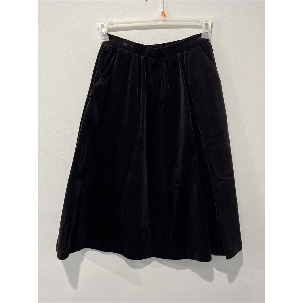 VINTAGE Patty Woodard Skirt Women’s Small Velvet Pleated Dark Brown MIDI Pockets